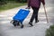 Older woman pushing wheeled basket on way to market