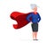 Older woman in superhero costume wearing hero cape. Super heroine elderly female. Strong healthy old lady. Cool retired