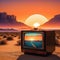 An oldschool style TV displaying a picturesque desert landscape at with cozy orange