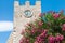 Oleander tree and medieval clock tower in Taormina