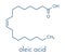 Oleic acid omega-9, cis fatty acid. Common in animal fats and vegetable oils. Its salt, sodium oleate, is often used in soap..