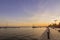 Olhao city market waterfront view to Ria Formosa sunset, Algarve.