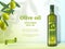 Olive ads. Oil for cooking food natural healthy gourmet product vector promotional banner with glass bottles