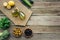 Olive bottles on table