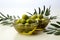 Olive bowls accented by charming olive twigs against a clean white backdrop