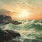 Olive Classicism Seascape Abstract Painting Scenic Sea Shore At Sunset