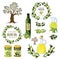 Olive colored isolated icon set with products and decorations from olives olive branch par example vector illustration