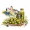 Olive Festival in Spain. Watercolor clipart. Pickled olives in a plate, bottles of olive oil