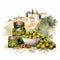 Olive Festival in Spain. Watercolor clipart. Pickled olives in a plate, bottles of olive oil