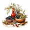 Olive Festival in Spain. Watercolor clipart. Pickled olives in a plate, bottles of olive oil