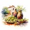 Olive Festival in Spain. Watercolor clipart. Pickled olives in a plate, bottles of olive oil