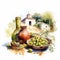 Olive Festival in Spain. Watercolor clipart. Pickled olives in a plate, bottles of olive oil