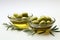 Olive filled bowls with elegant olive twig accents on a white surface