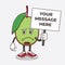 Olive Fruit cartoon mascot character with cheerless face and holding a message board
