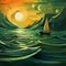 Olive Futurism Seascape Abstract With Low Polygon Sailboat And Sunset
