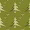 Olive green Christmas tree and birds seamless background