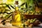 Olive Harvest Bliss: Artisanal Olive Oil and Ripe Olives on Olive Branch Background - Generative AI