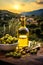 Olive oil against the backdrop of the Italian village. Generative AI,