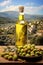 Olive oil against the backdrop of the Italian village. Generative AI,