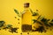 Olive oil bottle with a blend of spices set against a yellow background