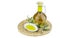 Olive oil Bottle and bowl plate with olive branch. Virgin olive oil. Natural olive oil, healthy food.