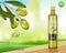 Olive oil bottle design on green shiny background. Transparent glass olive oil on wooden table, package design. Vector