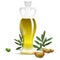 Olive oil bottle with olives and olive leafs