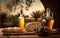 Olive oil bottle, sesame bread, olives in bowl and olive branch on rustic wooden table with olive trees in background. Generative