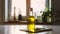 Olive oil bottle on table against sunlit kitchen window background. Generative AI