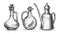 Olive oil bottles and jug collection in engraving style. Extra virgin, healthy organic natural farm food. Sketch vintage