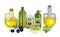 Olive oil bottles products and decorations olives branch, jars and bottles cartoon vector illustration, web page.
