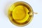 Olive oil bowl top view stock photo