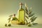 Olive oil in a glass bottle with cork and small jug on light green background. Copy space.