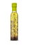 Olive oil in a glass bottle with herbs on an isolated background. High quality first pressing oil. Spices and herbs in a bottle of