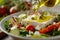 olive oil pouring into bowl of fresh salad on a wooden table