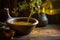 olive oil pouring into a rustic ceramic bowl
