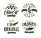 Olive oil premium quality. Olives branch vintage label collection. Extra virgin emblem set. Healthy products retro green