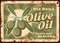 Olive oil rusty metal plate, green olives poster