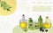 Olive oil set with products and decorations from olives branch, jars and bottles cartoon vector illustration, web page.