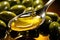 Olive oil in a spoon on green olive fruits background