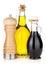 Olive oil and vinegar bottles with pepper shaker