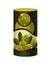 Olive. Vector green metal jar. Canned green olives. Steel can container natural organic liquid with label olives
