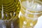 Olive versus sunflower oil bottled. Closeup