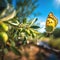 olives ,bee and butterfly sitting on fruits, mandarin,olives,apples flowering branch with drops of morning dew water