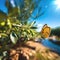 olives ,bee and butterfly sitting on fruits, mandarin,olives,apples flowering branch with drops of morning dew water