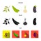 Olives on a branch, peas, onions, eggplant. Vegetables set collection icons in cartoon,black,flat style vector symbol