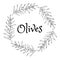 Olives branches wreath. Black and white sketch. Vector frame