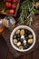 Olives and feta salad in bowl,spanish tapa bar food