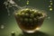 Olives floating on olive oil drops green background extra virgin olive oil float in the air illustration generative ai