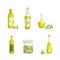 Olives in Glass Jar and Oil in Jug and Corked Bottle Vector Set